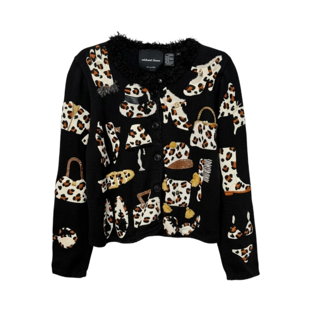 Michael Simon Cardigan Sweater Womens M Black Leopard Print Novelty Embellished